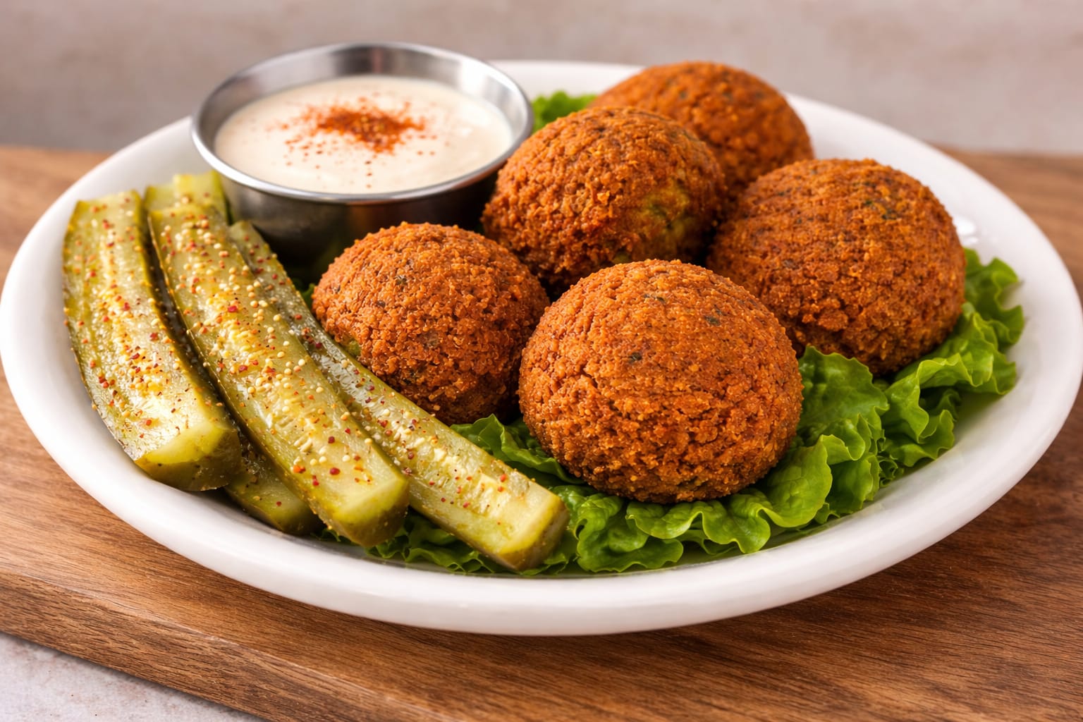 Golden falafel with pickles and a creamy dip